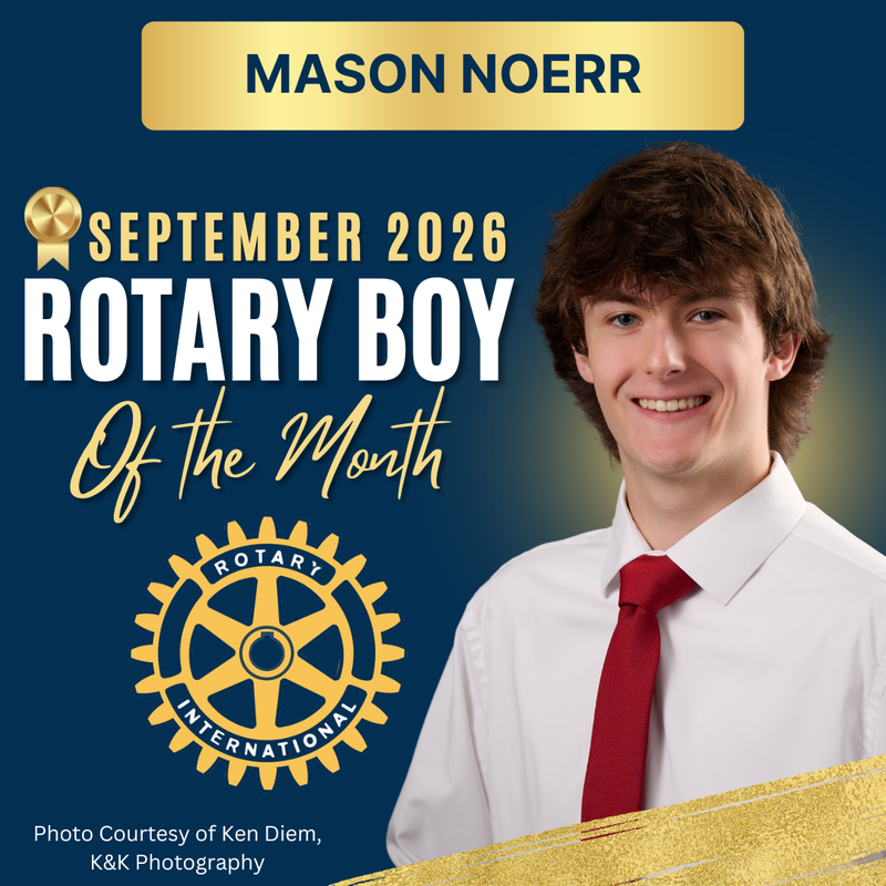 Photo of September Boy of the Month with blue and gold graphic design effects and gold gear-shaped logo of the Rotary Club
