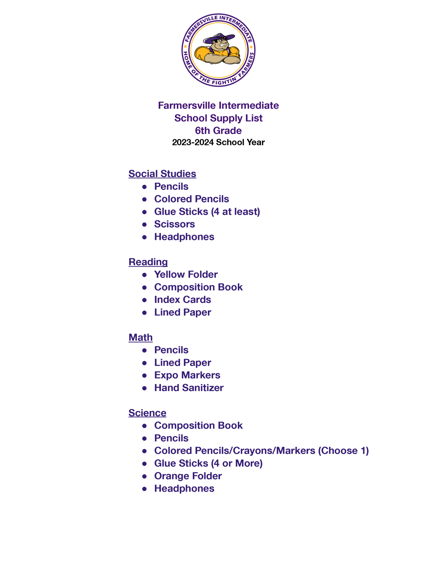 School Supply Lists for Farmersville ISD Parents & Students