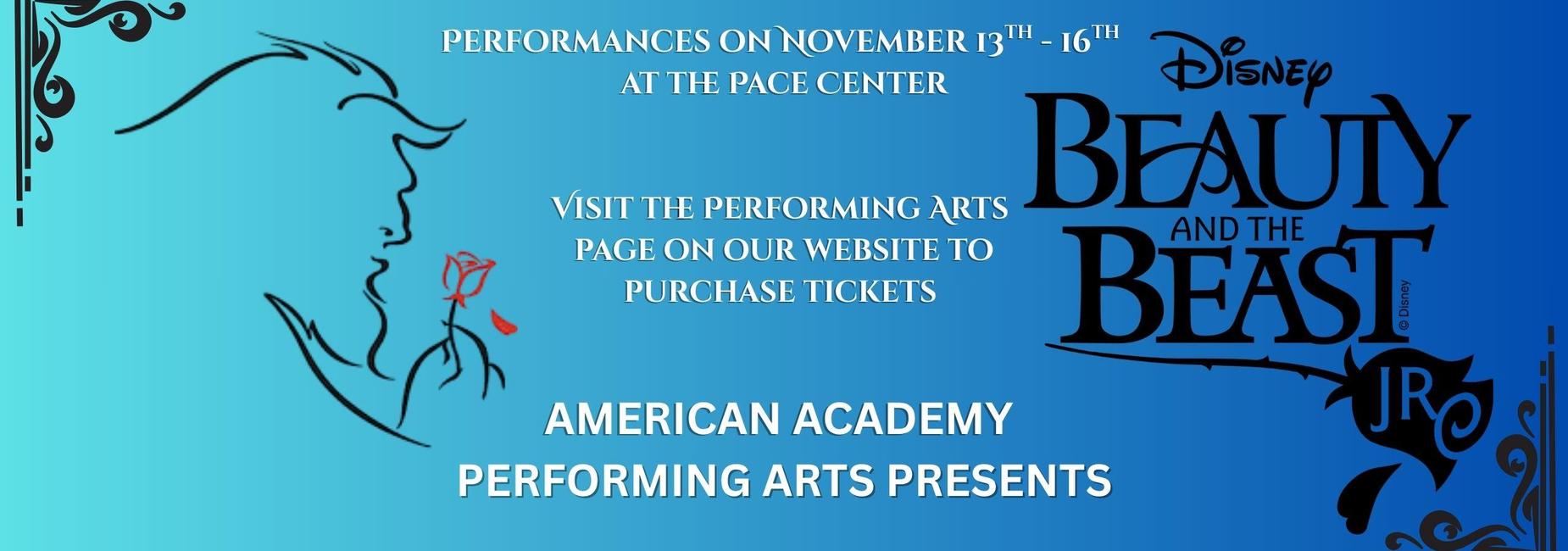 Event banner for Disney's Beauty and the Beast Jr. performances with details.