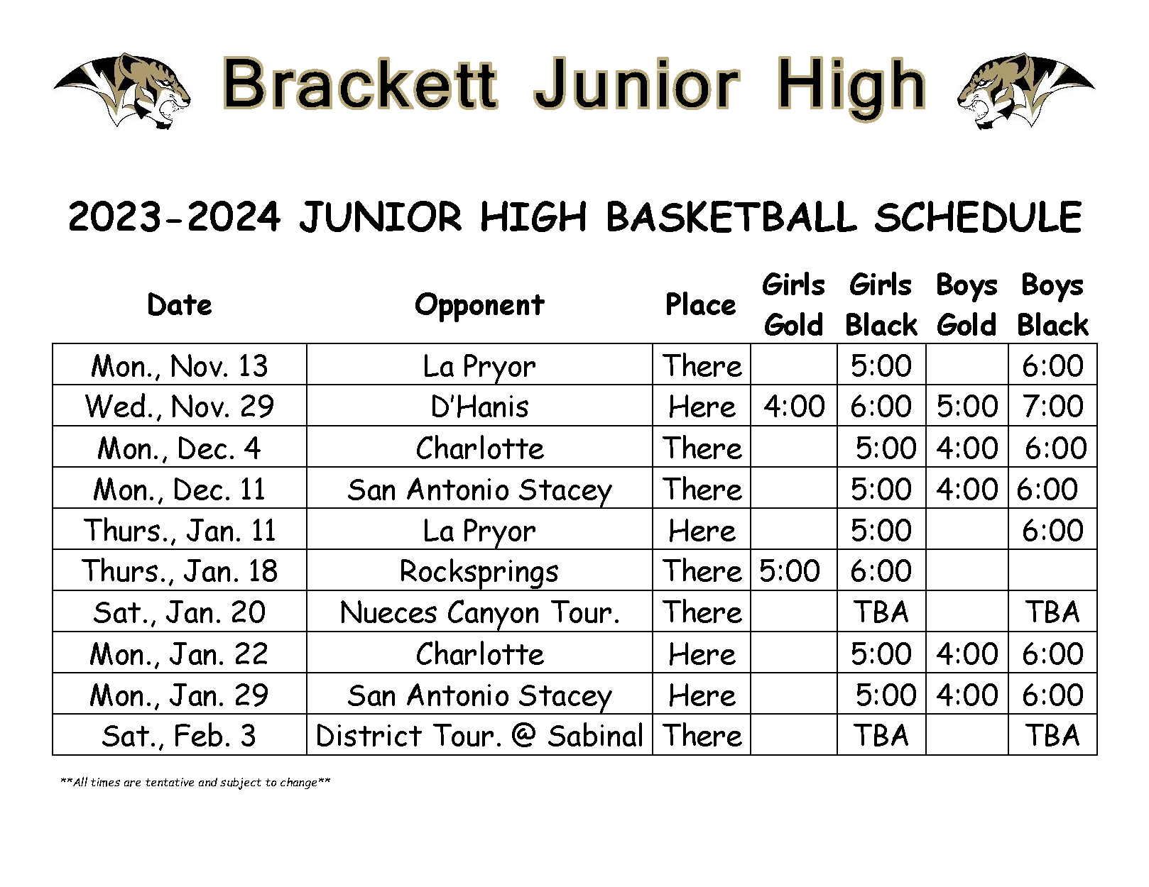 All Sports Sports Calendars Brackett Independent School District
