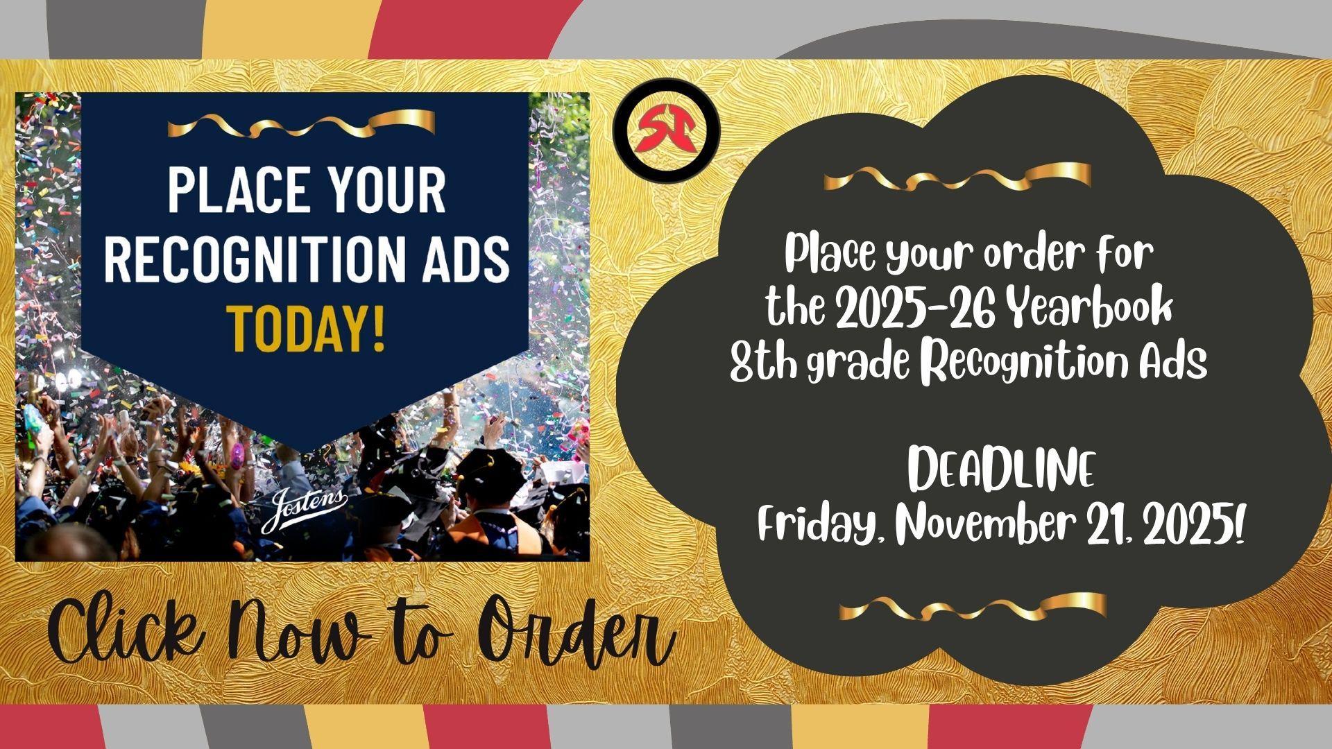 Announcement for placing recognition ads for the Yearbook with festive background.