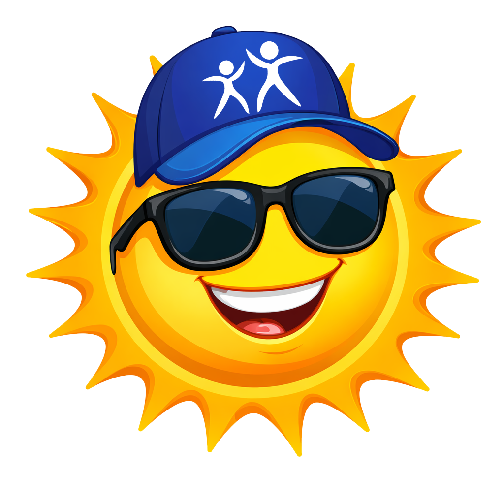 Sun logo smiling with black sunglasses and blue hat
