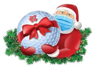 masked Santa holding a golf ball