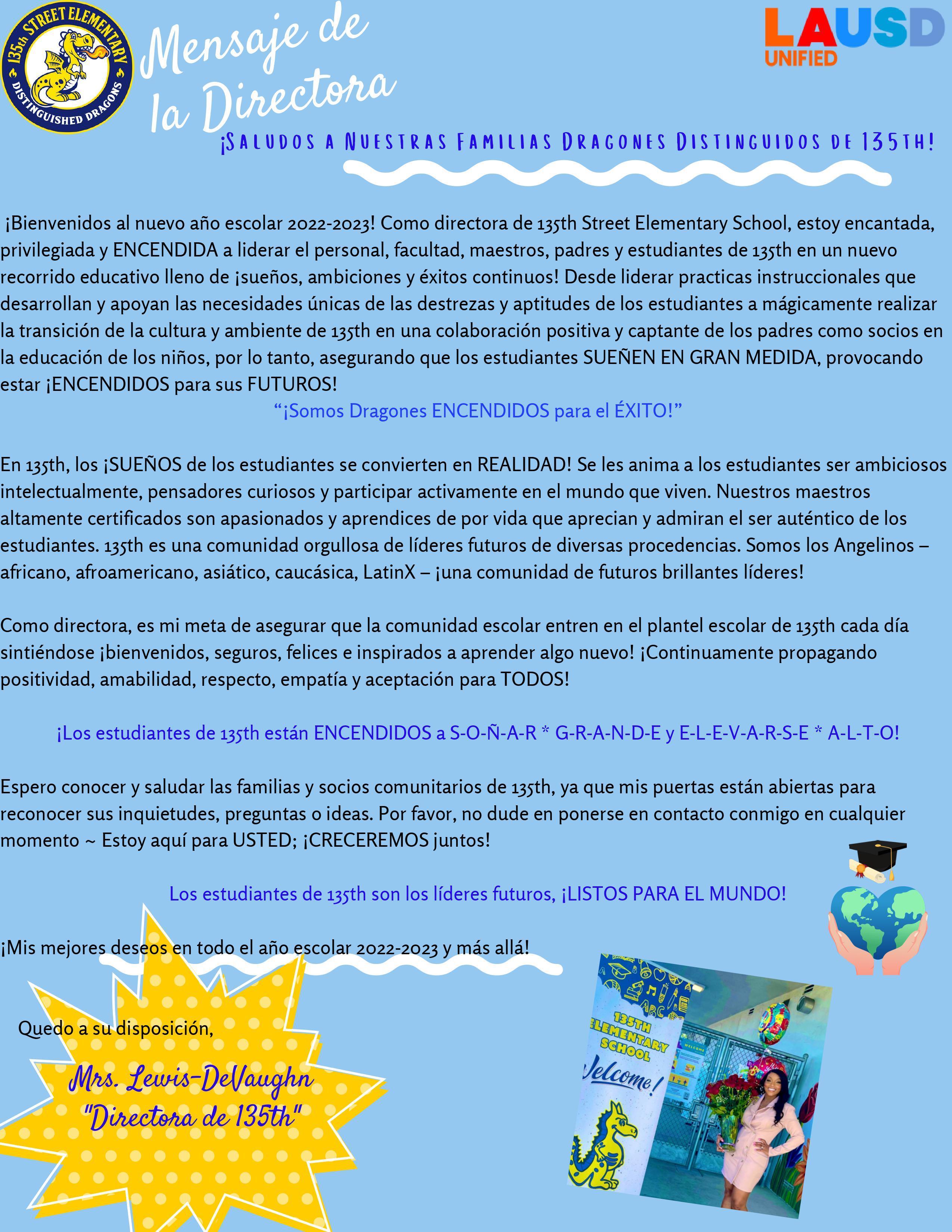 Principal s message our school 135th street elementary