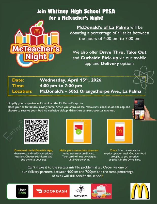 WHS PTSA McTeacher's Night at McDonald's on April 15 from 4 - 7pm
