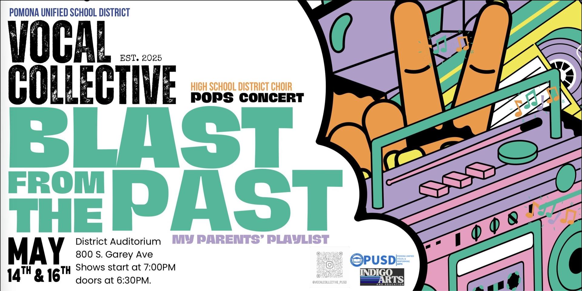 PUSD Vocal Collective High School POPS concert image of flyer, May 14 and 16th at 7:00PM 