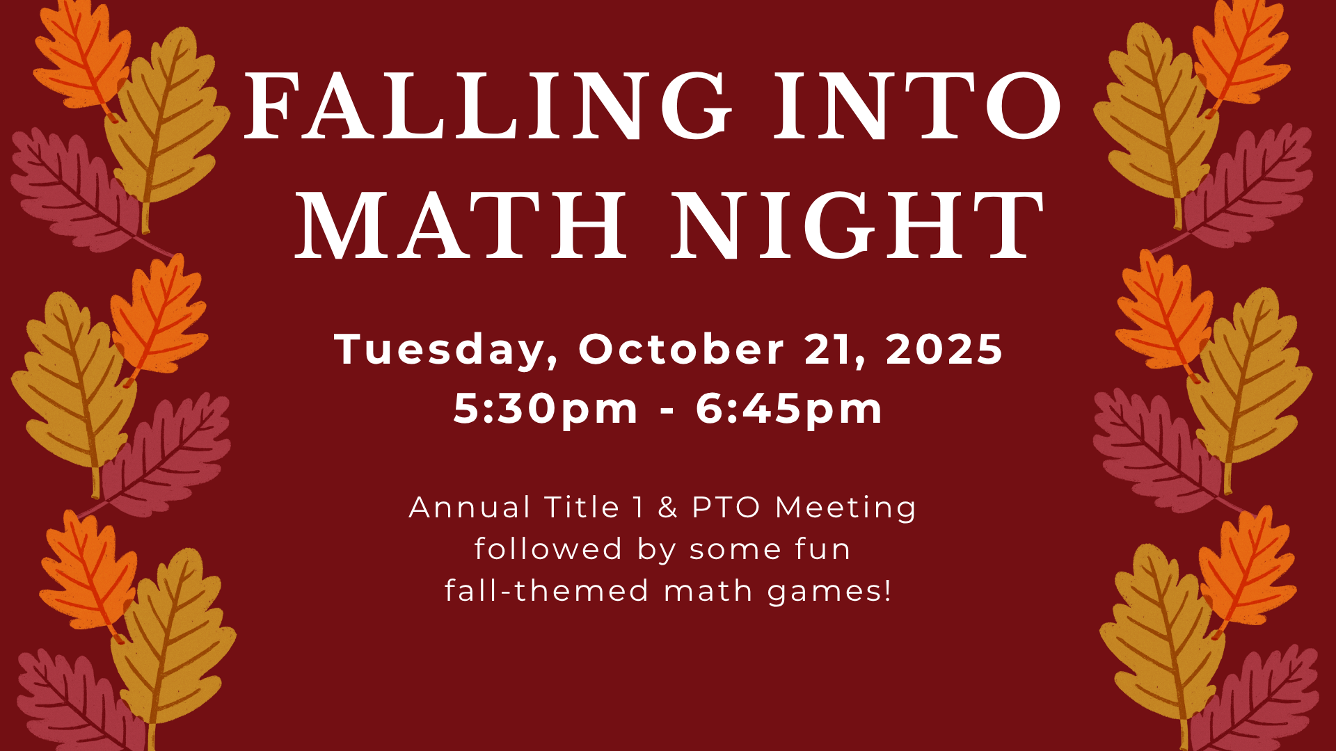Fall-themed flyer for a math night event with colorful leaves.