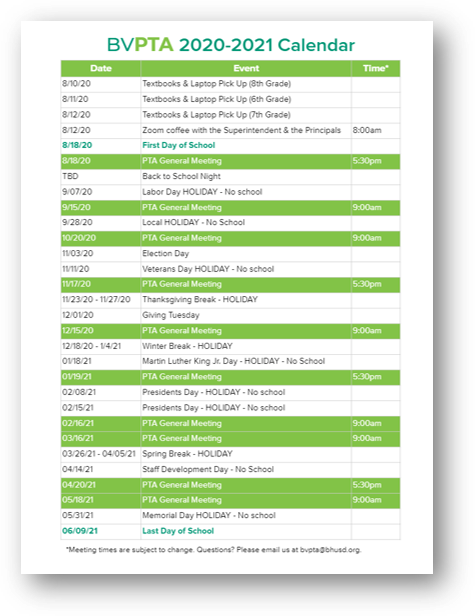 PTA Meeting Schedule 2020-2021