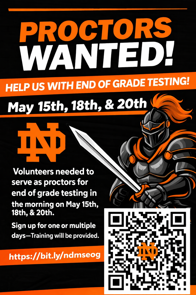 North Davidson Middle School is seeking volunteers to serve as proctors for End-of-Grade testing on May 15th, 18th, and 20th during morning sessions.