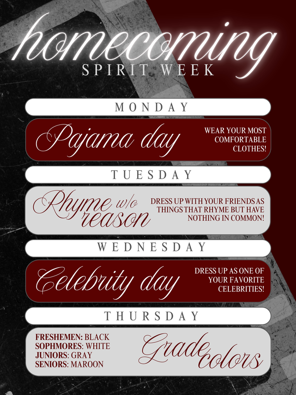 Spirit Week poster features themed days, Pajama, Rhyme Without Reason, Celebrity, and Grade Colors.