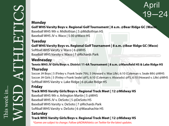 graphic describing WISD athletics schedule for the week