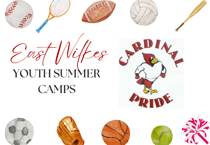 Various sports icons surround text about East Wilkes Youth Summer Camps.