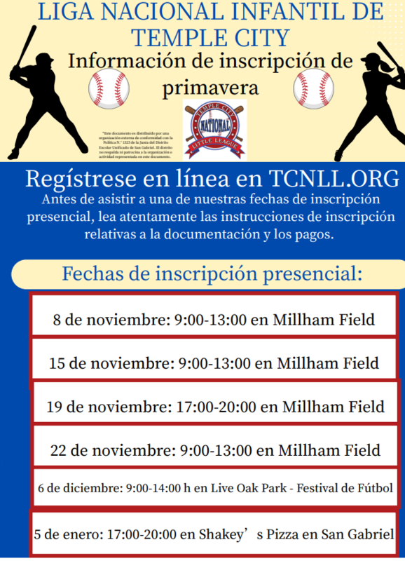 Spanish language Little League signup info with red, white and blue accents