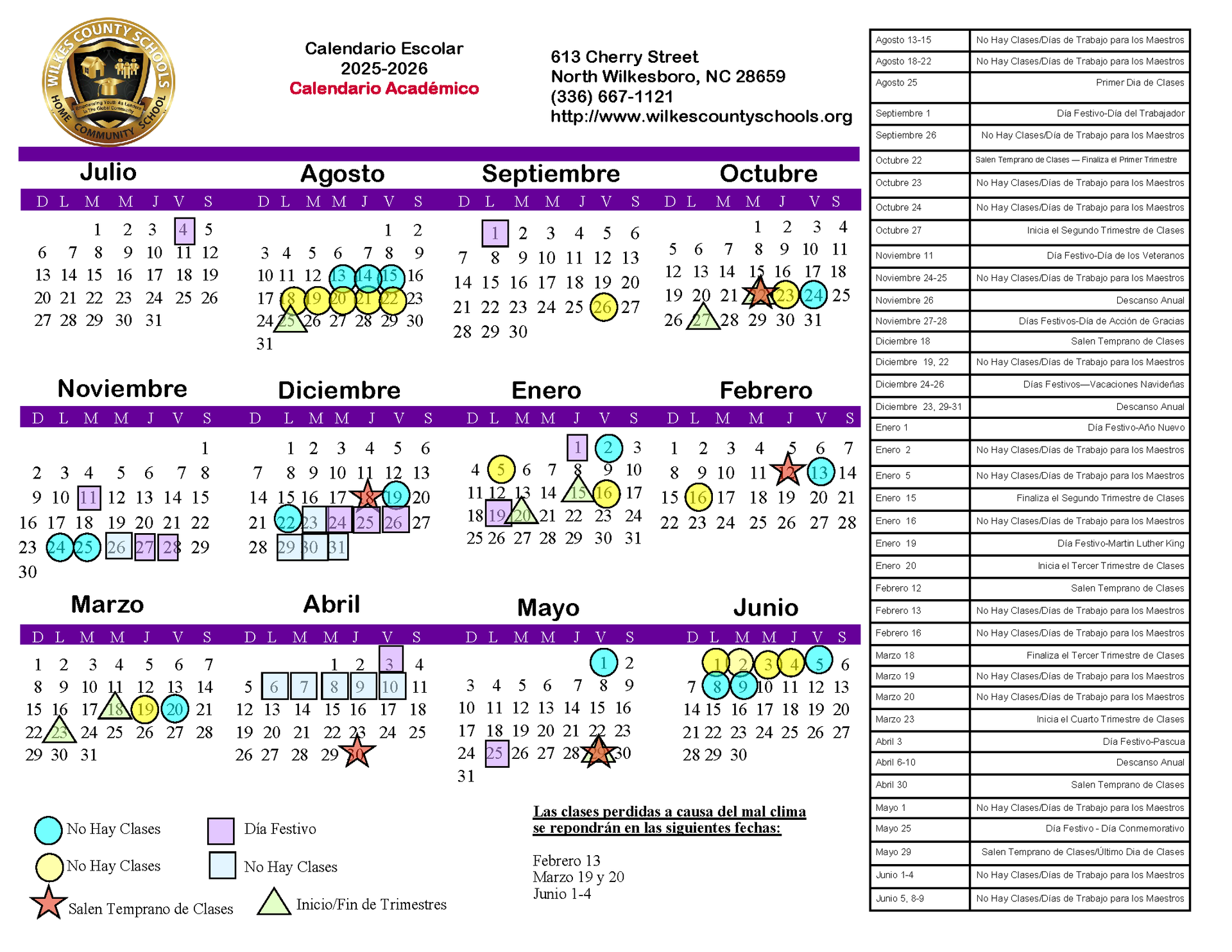 2025-2026 WCS Academic Calendar Spanish