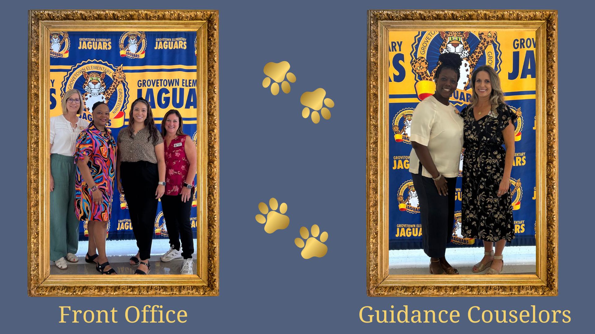 Two groups of school staff members in front of a blue and yellow backdrop.