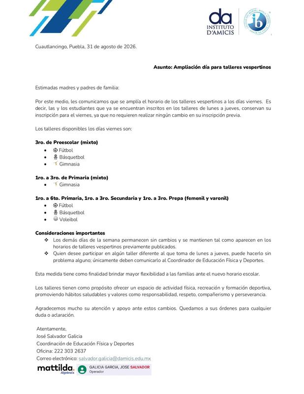 Talleres Vespertinos 2026-2027 Featured Photo