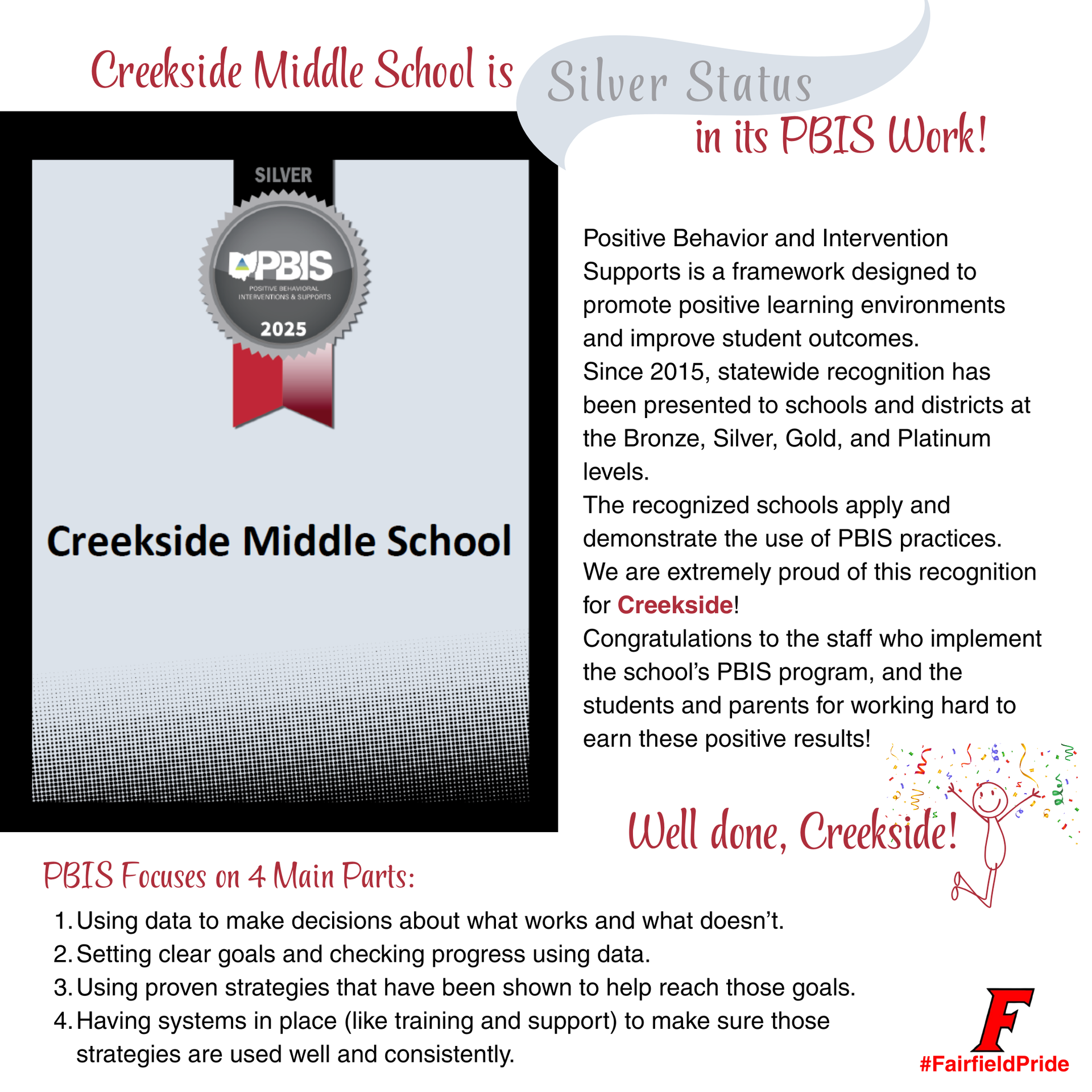 Creekside's announcement about its Silver-status level recognition for its work with PBIS.