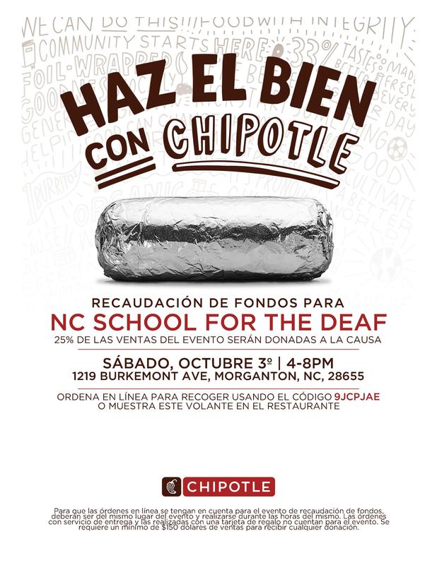 Spanish version Flier for NCSD Fundraiser at Chipotle in Morganton on Oct 3, 2026.