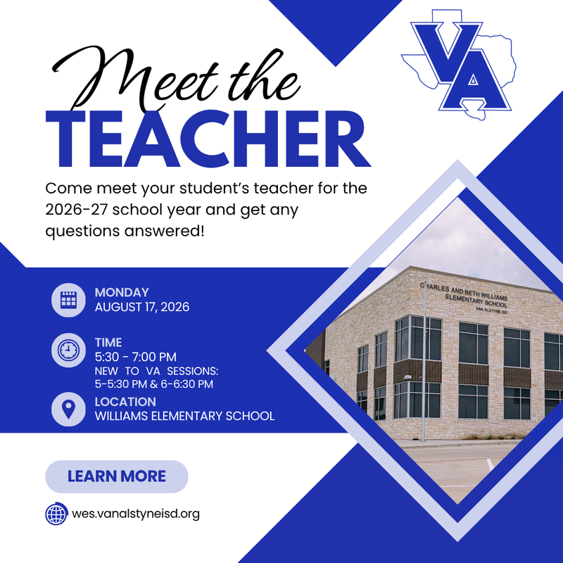 Flyer advertising Meet the Teacher Night on August 17 from 6:00pm to 7:00pm at Williams Elementary