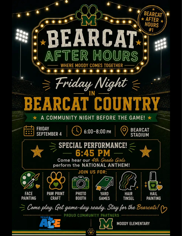 Information about Friday Sep 4 from 6-8 pm at Bearcat stadium...Ace family night