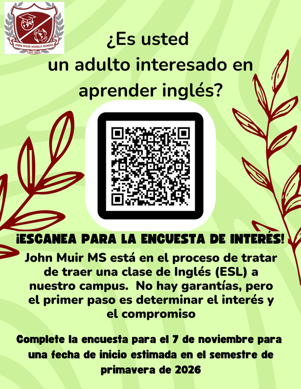 Folleto de la clase de ESL en John Muir en español