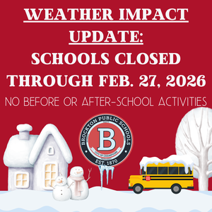 red graphic with snowy scene that says "weather update: schools closed through Feb. 27. No before or after school activities"