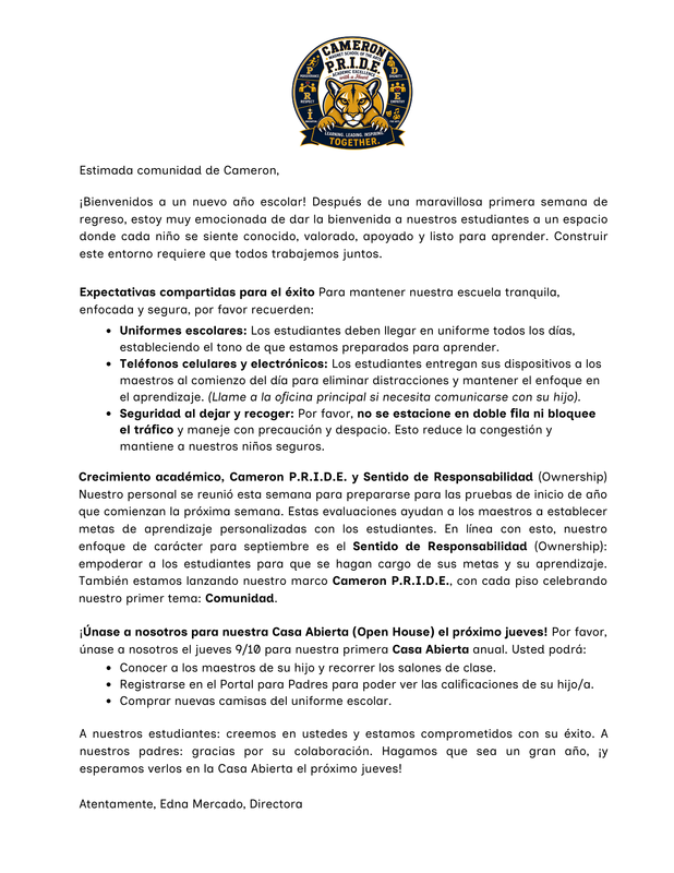 Septiembre Carta de Comunidad de Cameron