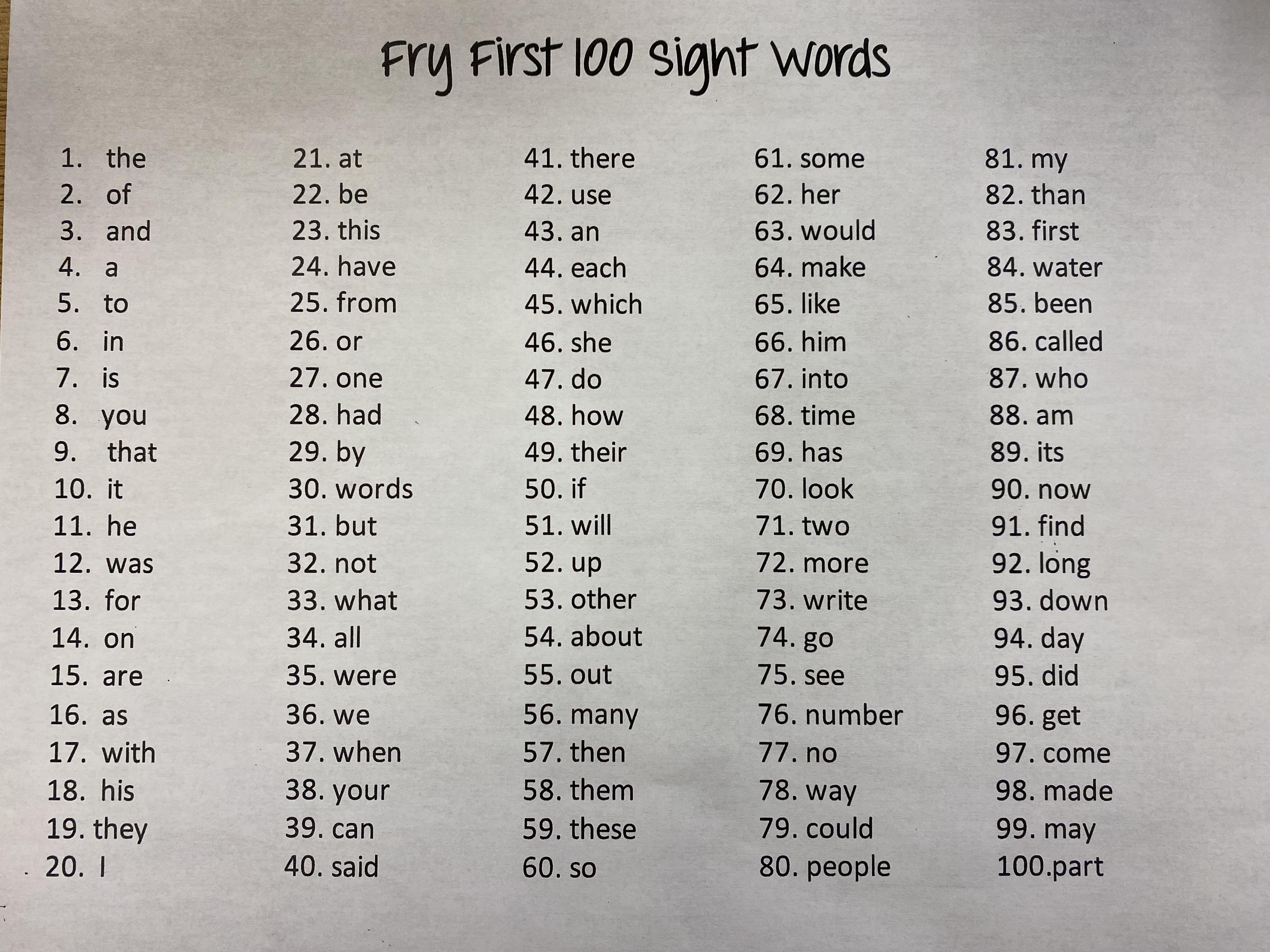 1st 100 Fry Words – Melanie Thomas – Madisonville Primary School