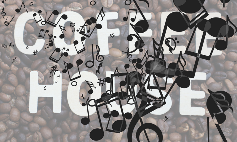 scattered musical notes with coffee house sign in background