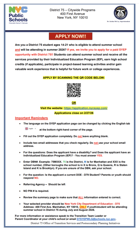 Summer Youth Employment Application Flyer