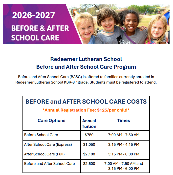 Redeemer School Before and After Care Program - 2026-27