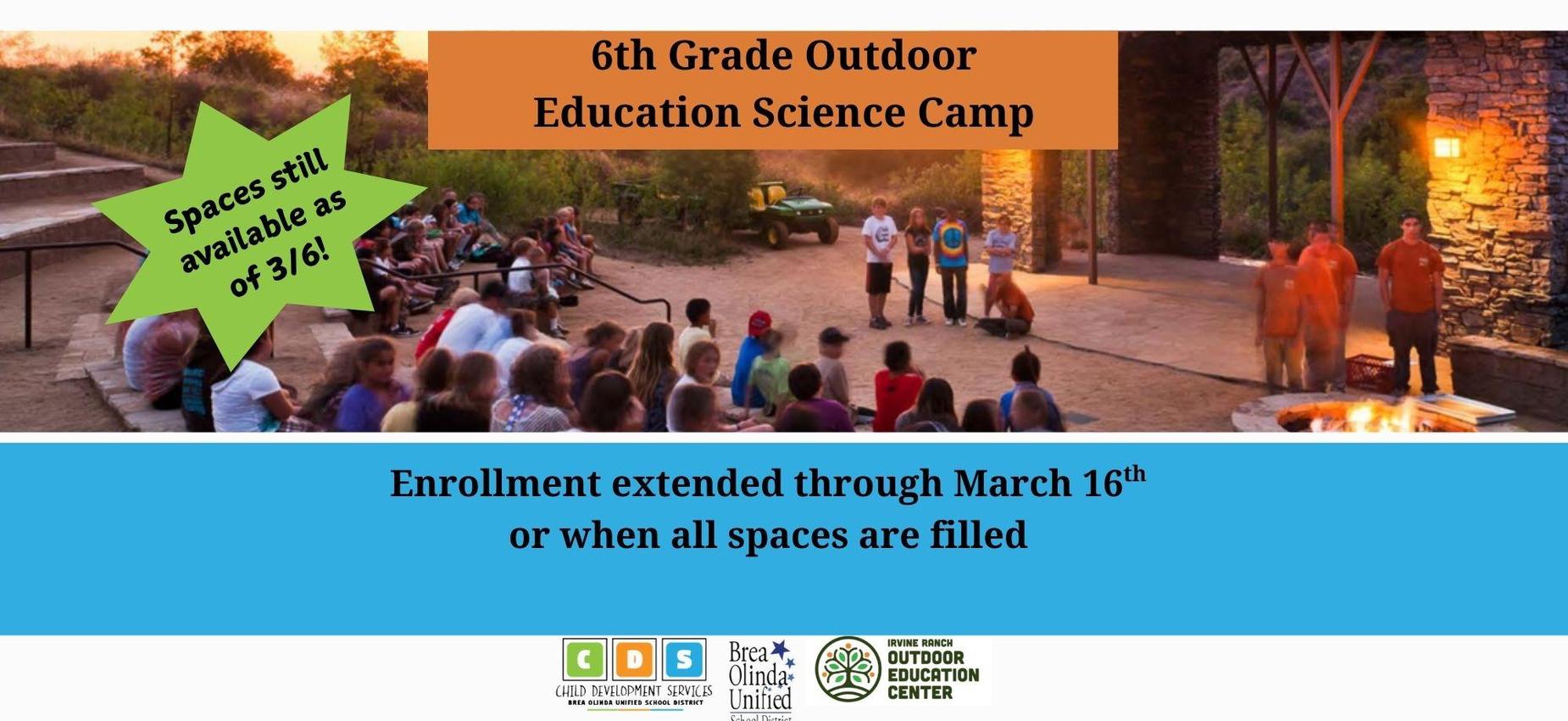 Outdoor education camp announcement with seating around a fire pit.