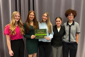 Accepting the award are Penn-Trafford students Allyson Pauline, Maddy Longo, Alyssa Arko, Chloe Stack, and Brooklyn Usmiller
