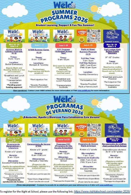 Weld Re-8 Summer Programs Flyer in English and Spanish