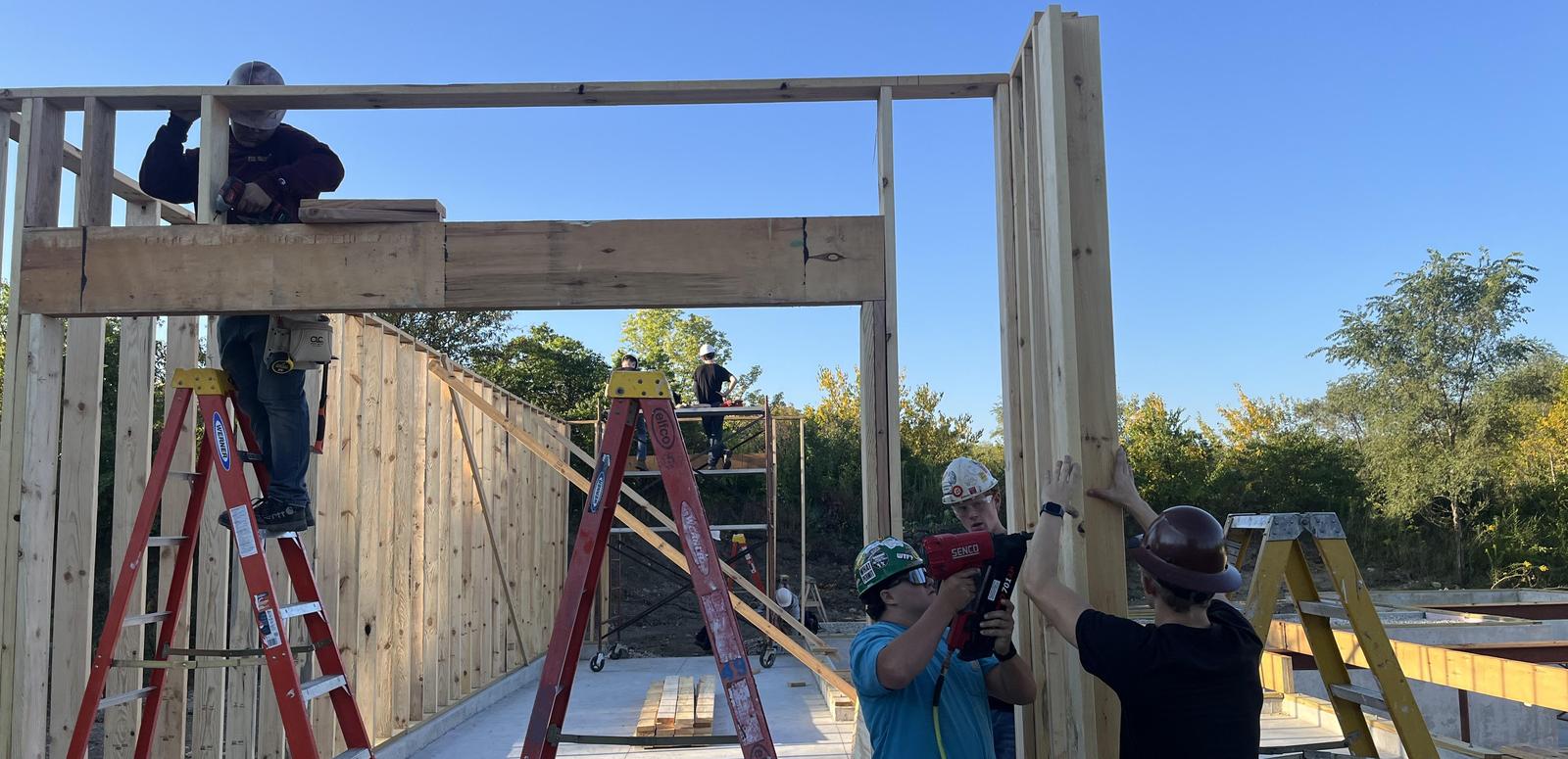 Building Trades students work on framing project house #28.
