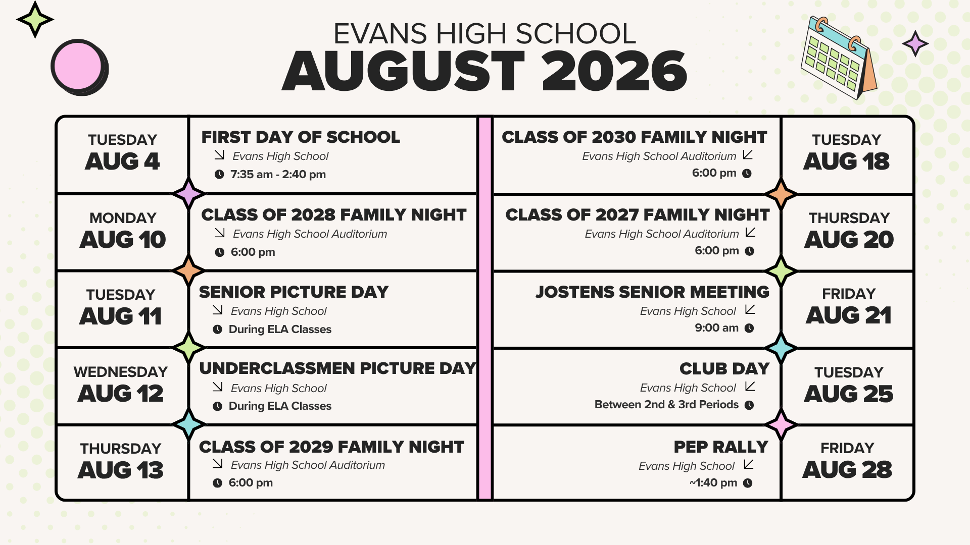 Calendar for Evans High School August 2026 with event details.