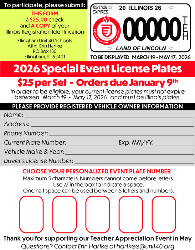 License Plate Form Special Event 2026