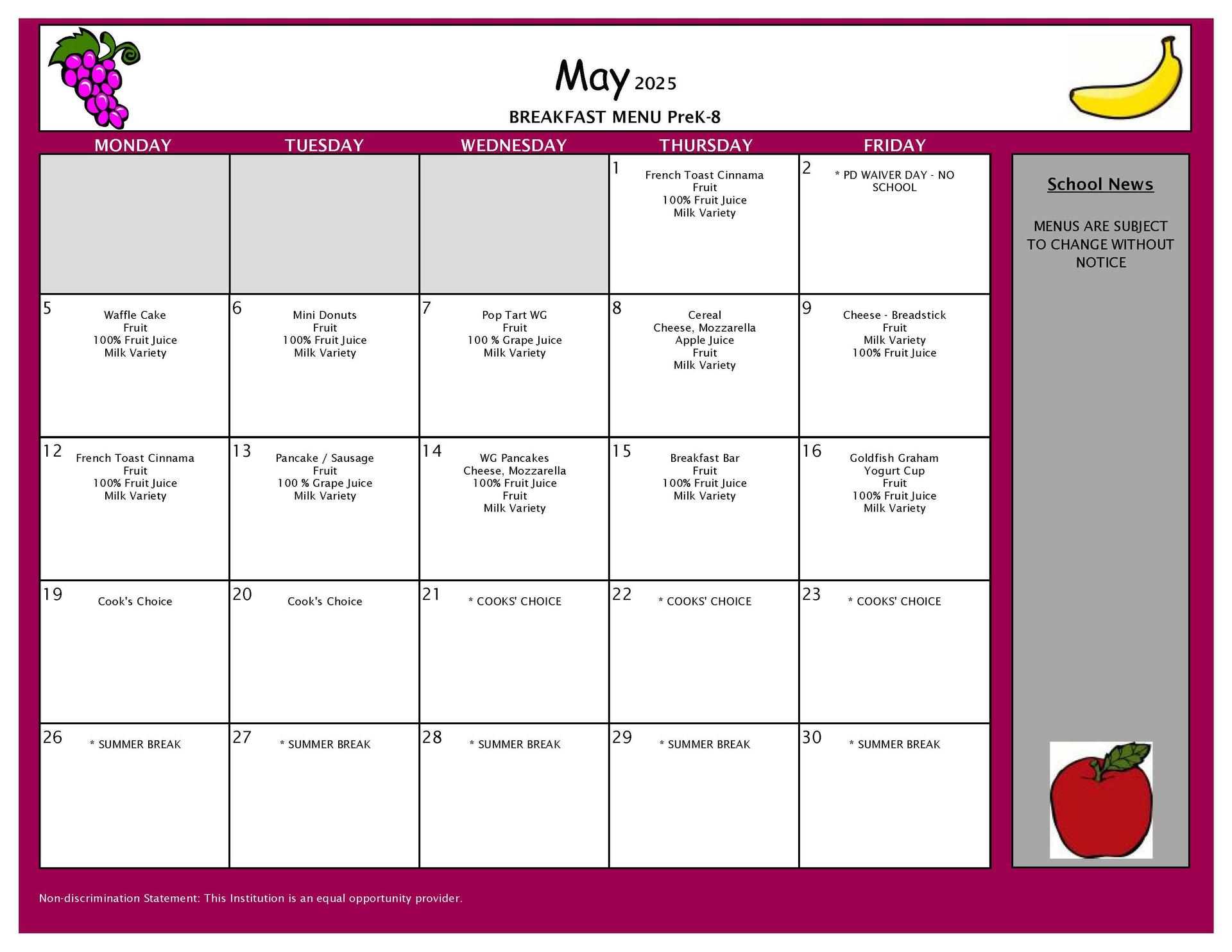 May Breakfast Menu PK-8