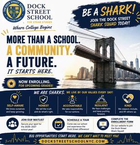Promotional poster for Dock Street School with NYC skyline and school enrollment details.