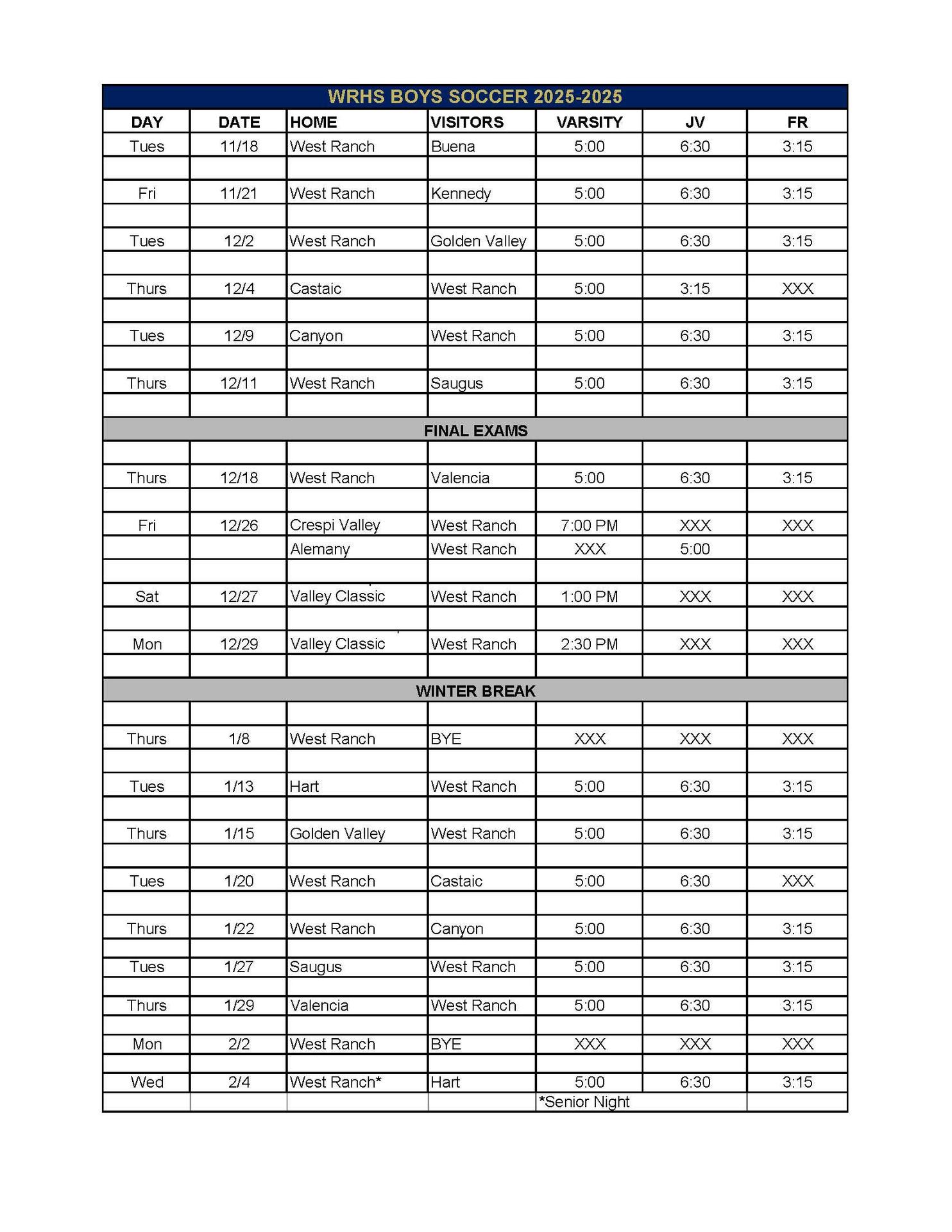 Boys Soccer Schedule