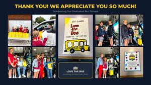 Students celebrating school bus drivers with decorations and posters.
