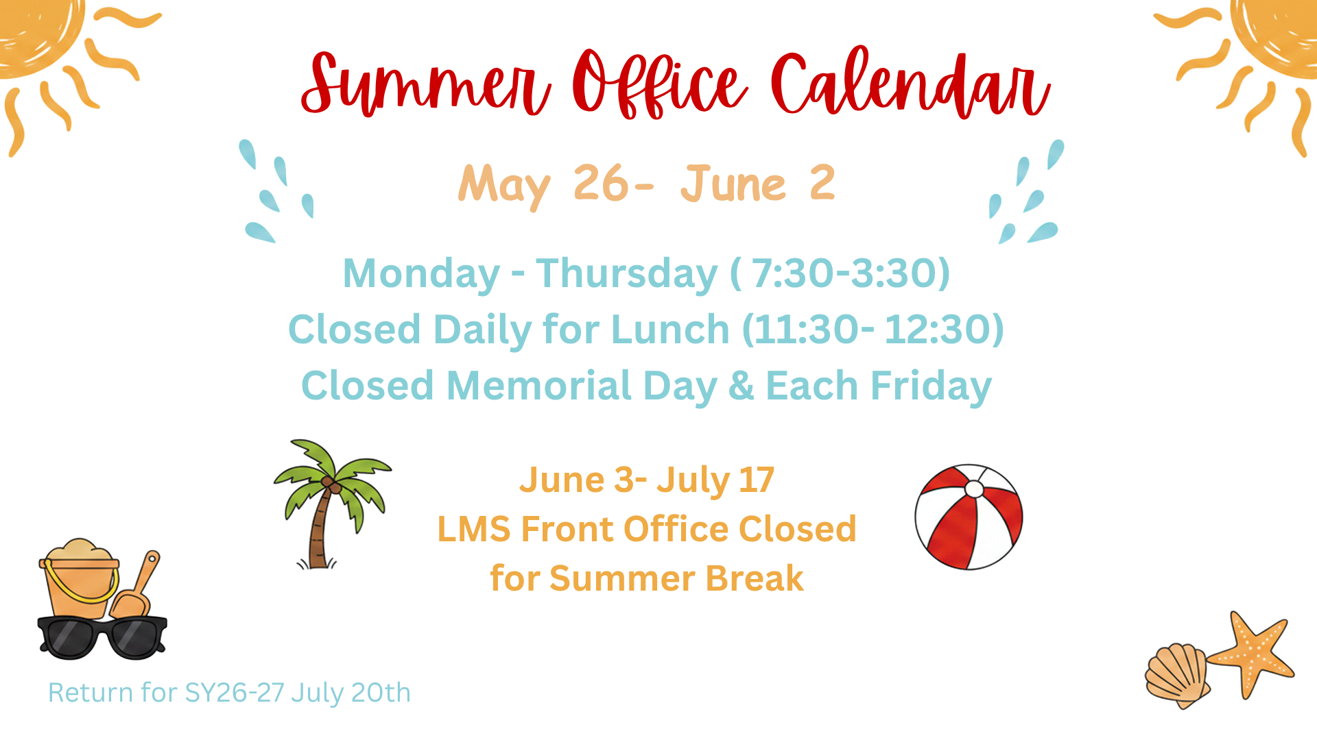 Summer office calendar with dates and hours, decorated with summer icons.