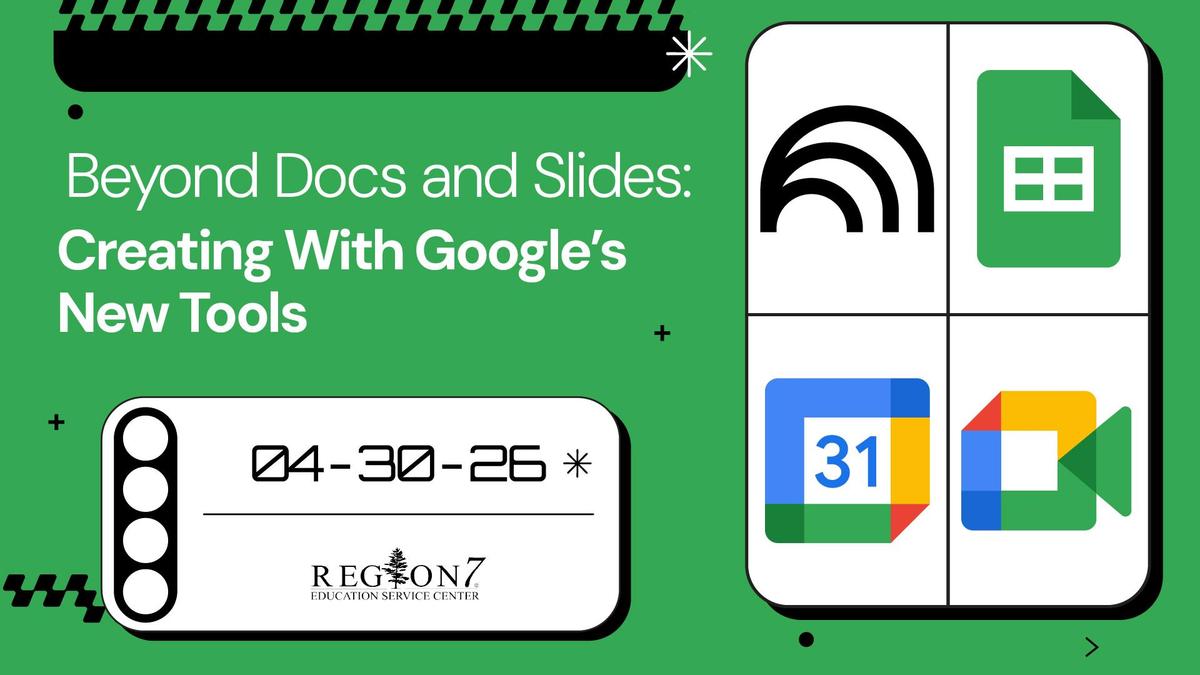 Beyond Docs and Slides workshop graphic with Google tools icons and April 30 2026 date