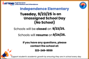 Tuesday, 9/23/25 is an Unassigned School Day (No School)