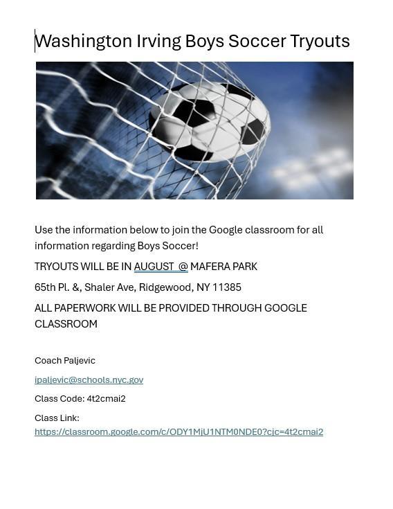 Soccer tryouts announcement with details and contact info.