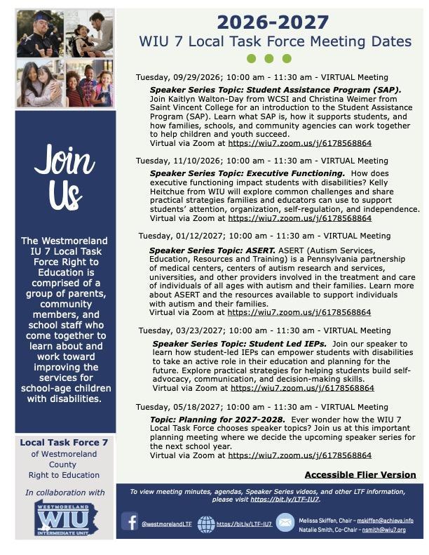 Document listing dates for WIU Task Forces Sessions