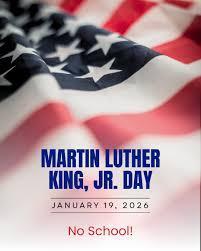 Waving American flag with text about Martin Luther King Jr. Day and school closure.