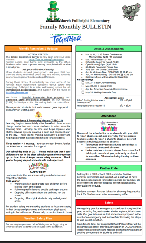 March  Fullbright  Elementary   Family Monthly BULLETIN Featured Photo