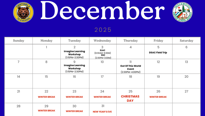 Centinela's December Calendar in English