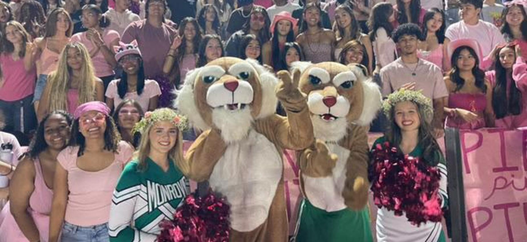 A large crowd of students dressed in pink at a school event, smiling and posing for the camera.